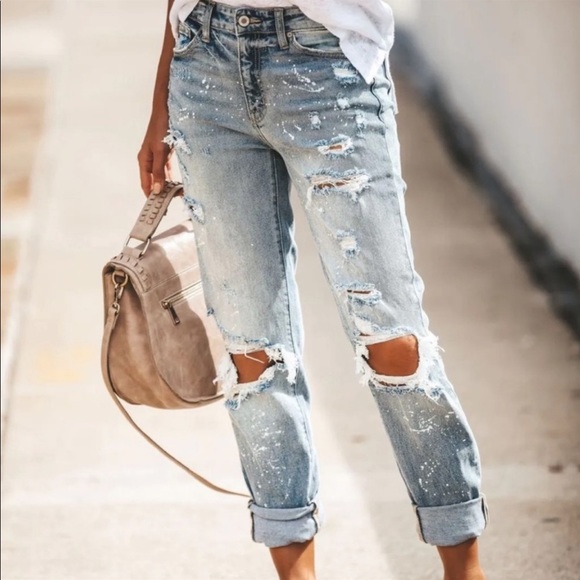 Brand New Distressed Denim Jeans Paint Splatter Relaxed Fit Boyfriend - Picture 9 of 10